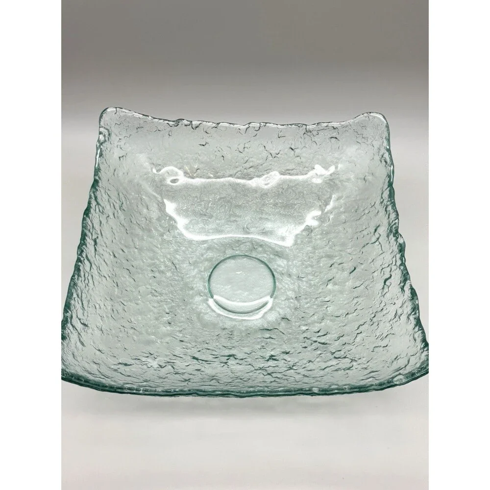 VTG San Miguel Style Recycled Ice Glass Square Bowl Pale Aqua Green Bark 12” MCM